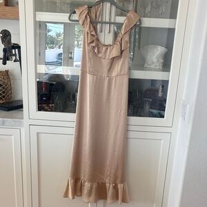 Show Me Your MuMu Ruffle Midi Dress in Tan